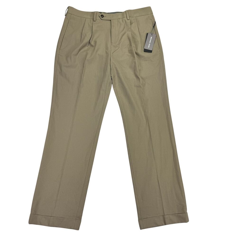 Michael Kors Mens Pleated Cuffed Solid Classic Fit Stretch Pants Tan 33x30